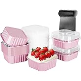 15 Pack Square Mini Cake Pans with Lids,Mini Loaf Pans with Lids,Disposable Ramekins Cupcake Cups,Aluminum Foil Baking Cups,Muffin Tins,Dessert Cups for Wedding Birthday Party Picnics,10oz (Pink)