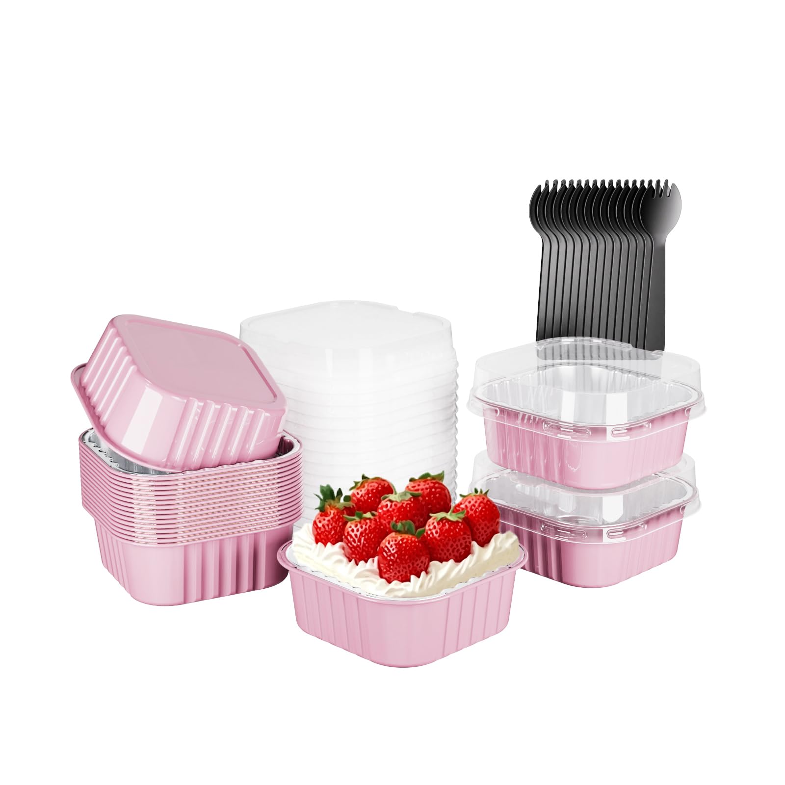 Photo 1 of 15 Pack Square Mini Cake Pans with Lids,Mini Loaf Pans with Lids,Disposable Ramekins Cupcake Cups,Aluminum Foil Baking Cups,Muffin Tins,Dessert Cups for Wedding Birthday Party Picnics,10oz (Pink)