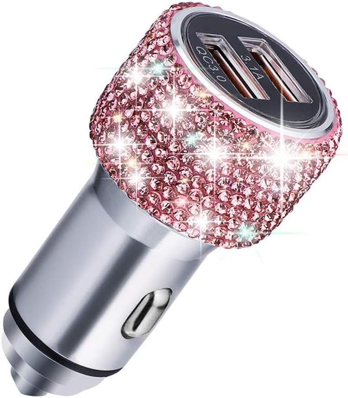 Quick Charge Car Charger, SAVORI QC3.0 Dual USB Car Adapter Bling Rhinestones Crystal Fast Charging Car Decors Compatible for iPhone Xs Max XR X Plus, iPad Pro/Air 2/Mini, Samsung Galaxy (Pink)