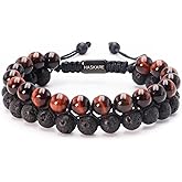 HASKARE Energy Beads Tiger Eye Bracelet for Men, Red Tiger Eye Beads Lava Stone Bracelets, Handmade Protection Crystal Bracelet Mens Jewelry Bracelets Father Christmas Gift for Stress Relief 8mm