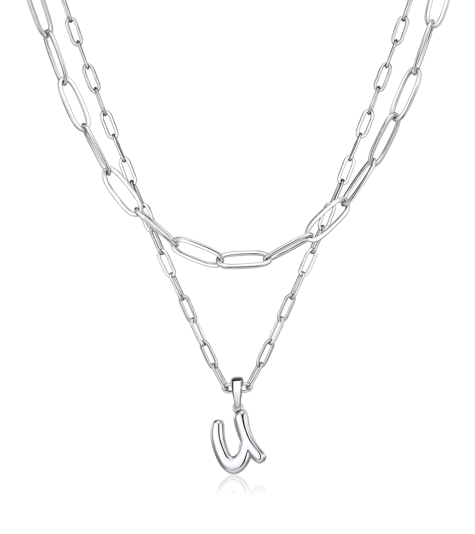 adoyi Silver Initial Necklace for Women Layered Bubble Letter Necklaces for Women Trendy Jewelry 14k Gold Plated Chain Chunky Name U Necklace Stack Charm Pendant Set Jewelry Gifts for Mother's Day