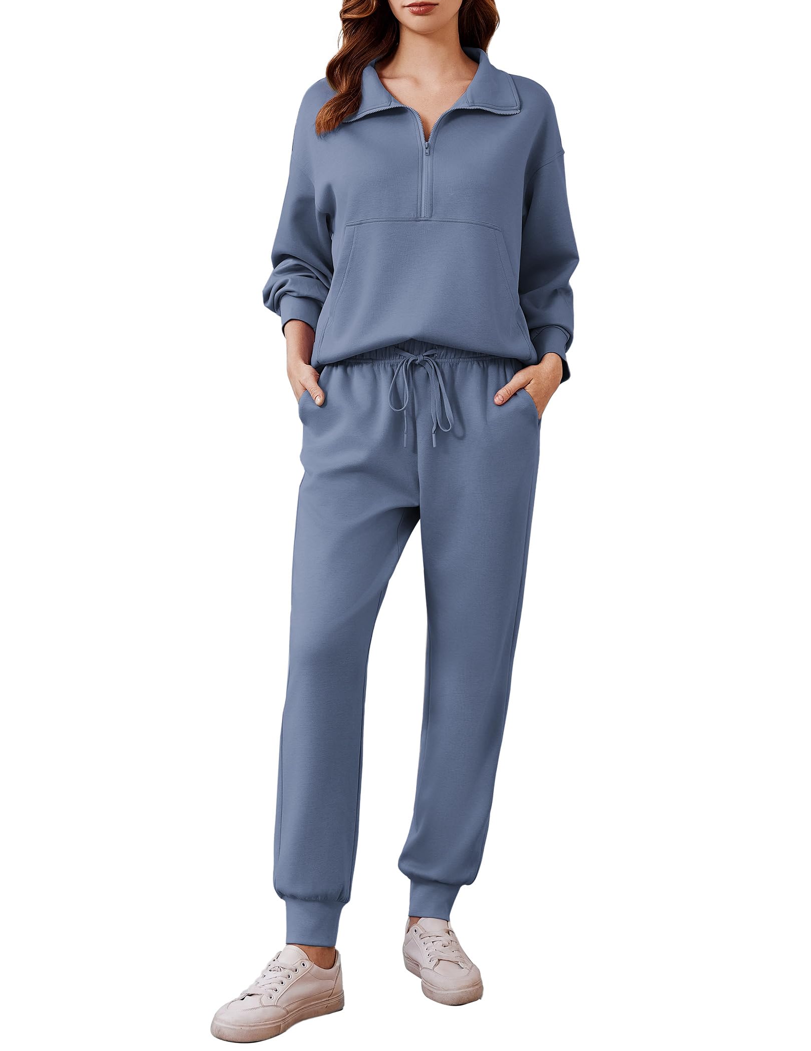 PINSPARK Lounge Sets for Women 2 Piece Long Sleeve Tracksuit Sweatsuit Half Zip Jogger Set Matching Set 2025 Fall Travel Outfit,Blue Tall X-Large Image