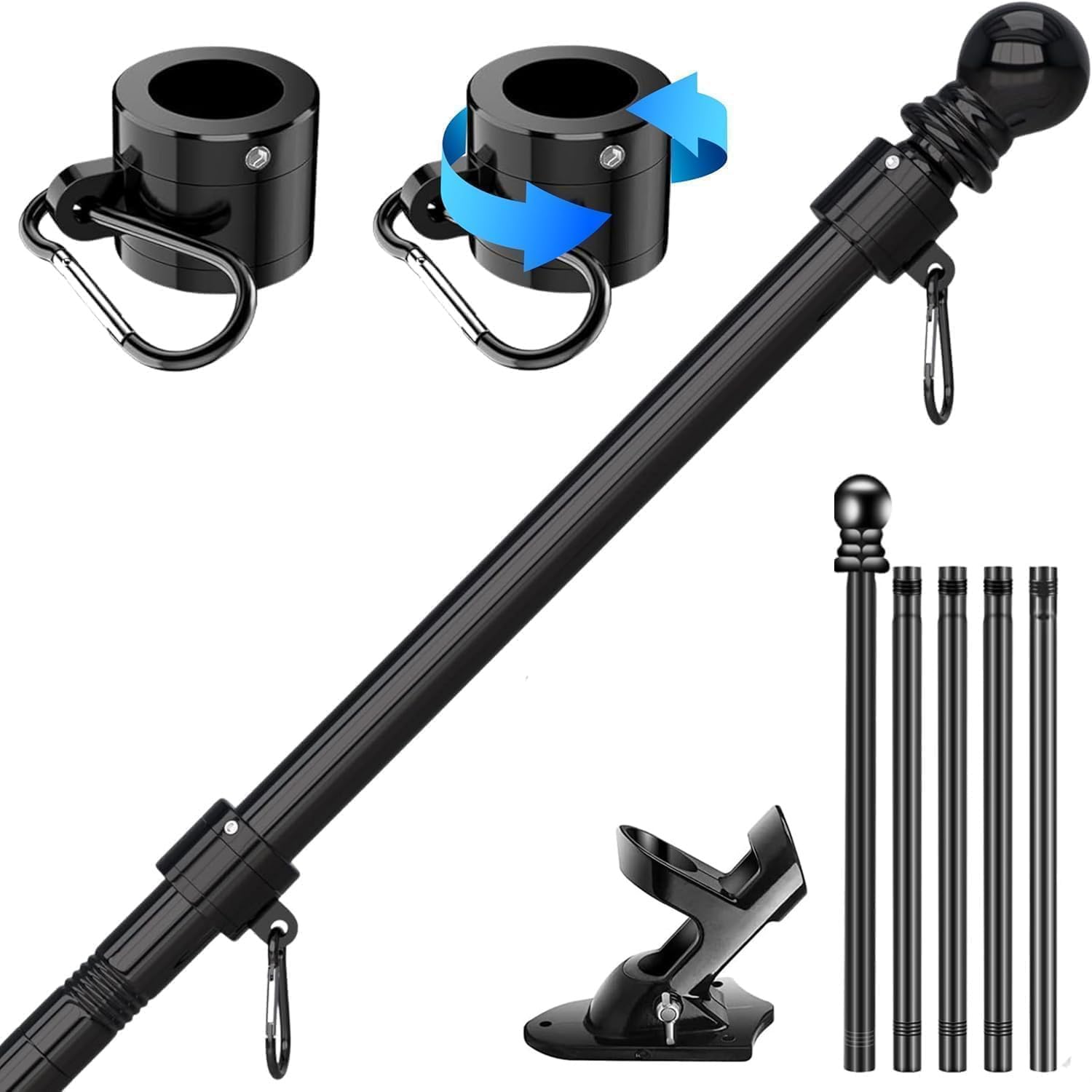 NKFOOPDU 6 FT Wall Mounted Flag Pole, Adjustable Stainless Steel Flag Pole Kit with Holder, 360° Tangle Free Wall Mounted Flagpole for Outside House Garden Commercial (Black)