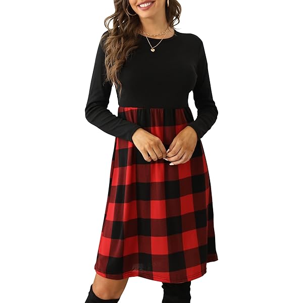 Amazon.com: PALINDA Women's Long Sleeve Buffalo Plaid Dress Casual Swing  Christmas Flannel Dresses with Pockets Red S : Clothing, Shoes & Jewelry