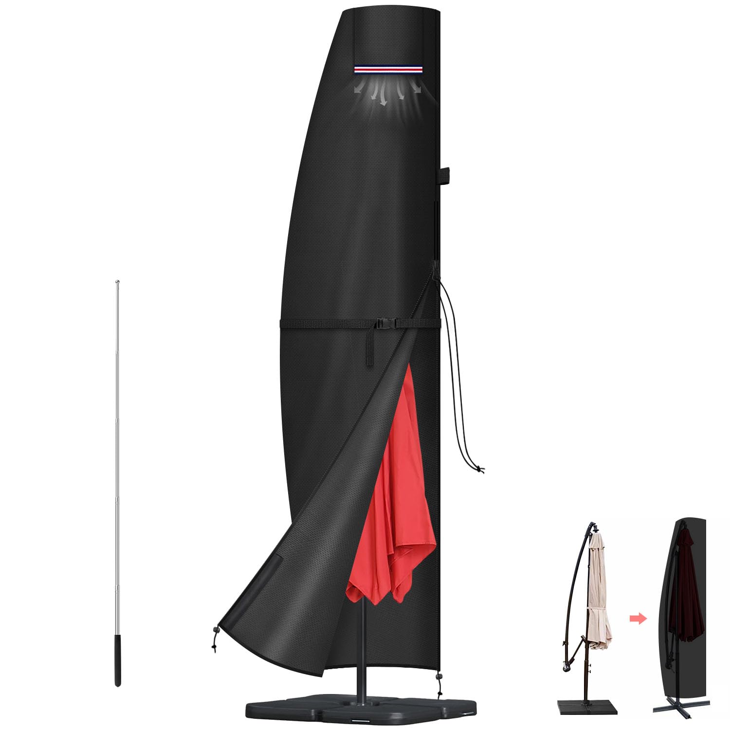 LAMUNI Parasol Cover Waterproof Garden Umbrella Cover with Rod, 420D Oxford Parasol Protective Cover for 3-5m Cantilever Umbrella, Anti-UV Patio Parasol Umbrella Covers with Zip, 260x40/70/50cm