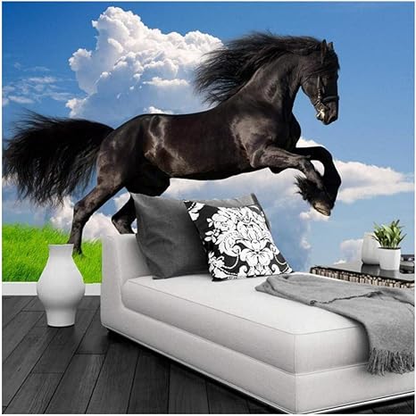 Amazon Xbwy 装飾壁画壁紙立体黒馬跳躍壁壁画青空壁紙リビングルームソファテレビの背景 200x140cm 壁紙