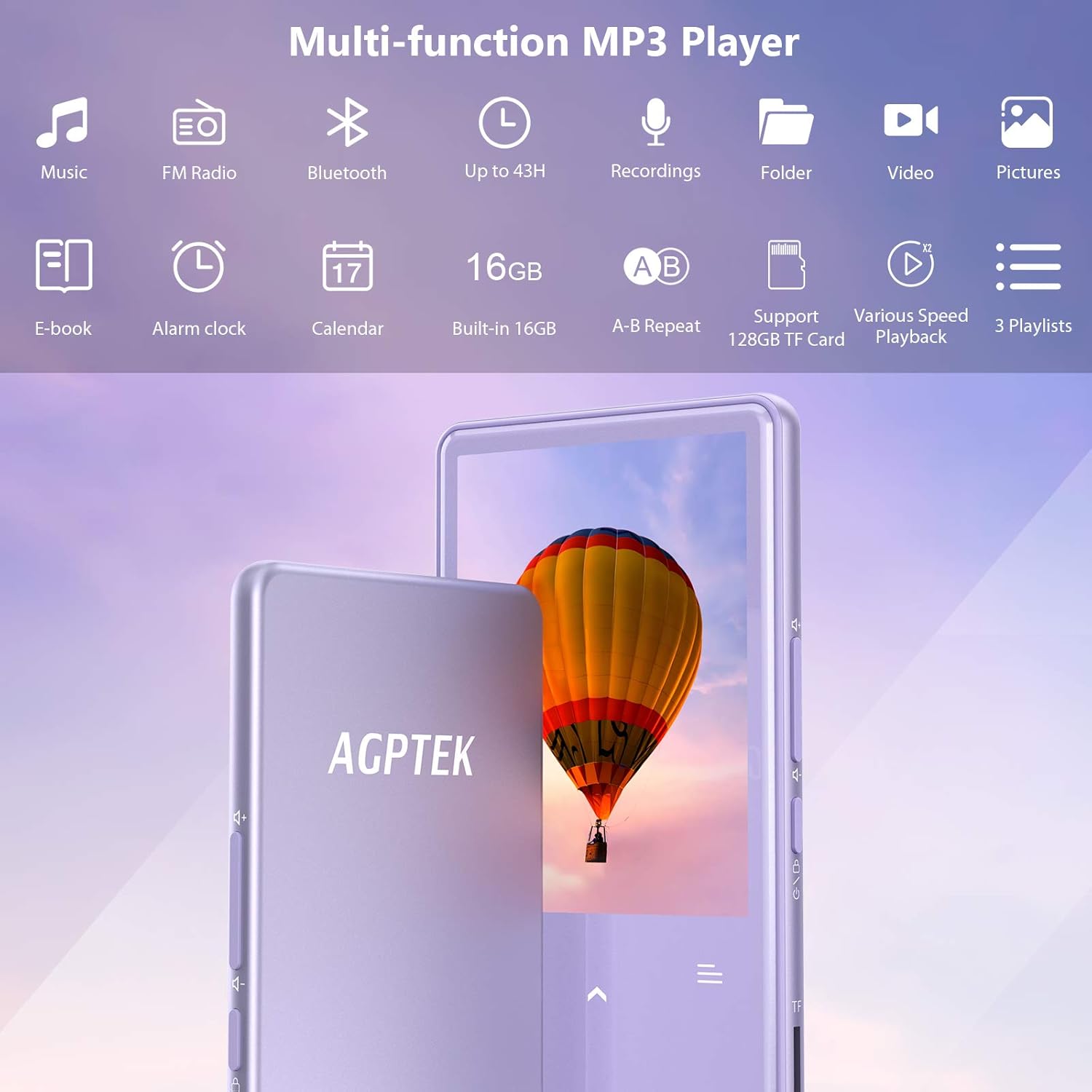 AGPTEK 16GB MP3 Player Bluetooth 5.0 with 2.4 inch Screen and Builtin