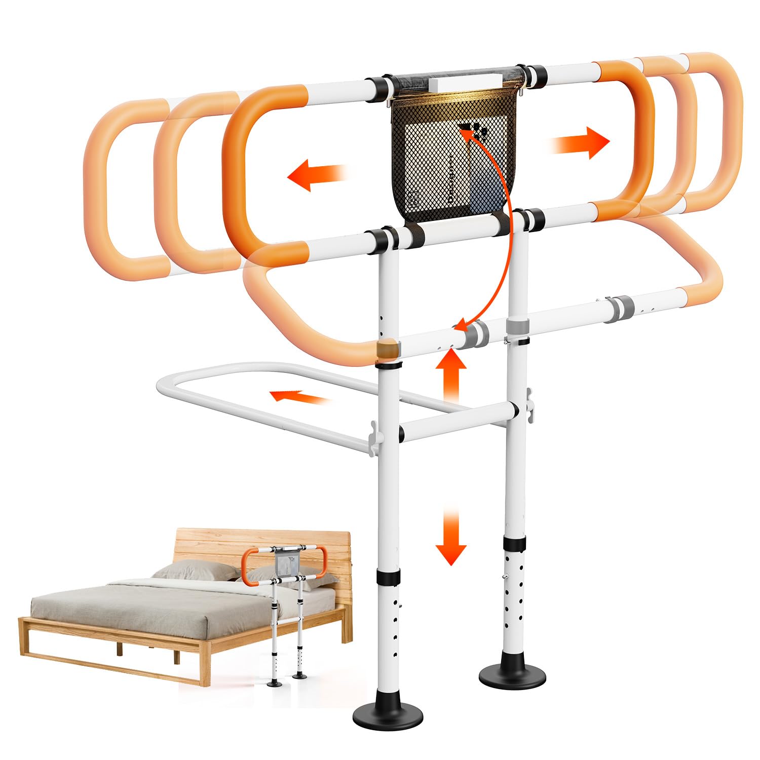 Photo 1 of Zelvia Bed Rails for Elderly Adults Safety with Motion Light & Storage Pouch - Retractable & Foldable Bed Handrails Assist Bedrails for Seniors, Surgery Patients & Handicap-White&Orange