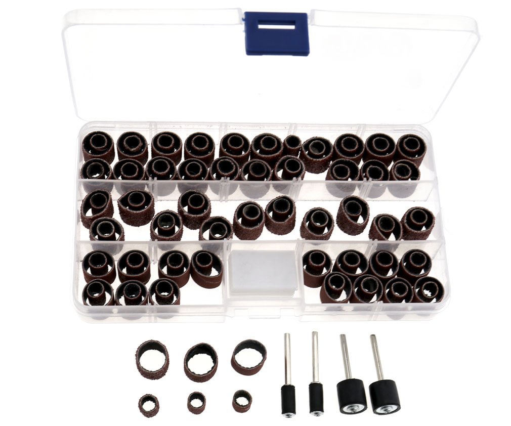104pcs Sanding Bands Drums Sleeves 60 120 320 Grits & 4 Mandrel With Case Compatible with Rotary Tool