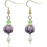 Chiorgone Purple Bell Flower Dangle Earrings - Glass Lily of the Valley Design with Faux Pearl Drop, Feng Shui Gold Tone Floral Jewelry for Women. (Purple)