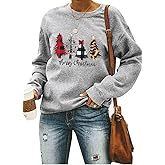 ASTANFY Merry Christmas Sweatshirt for Women Drop Shoulder Long Sleeve Christmas Tree Pullover Lightweight Shirt
