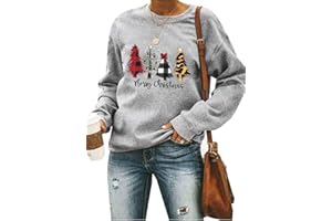 ASTANFY Merry Christmas Sweatshirt for Women Drop Shoulder Long Sleeve Christmas Tree Pullover Lightweight Shirt