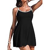 Aleumdr Women's One Piece Swimsuit Floral Print Whip Stitch Tummy Control Swimdress Skirt Bathing Suit with Pocket