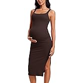 CRZ YOGA Butterluxe Maternity Square Neck Midi Dress - Split Ruched Tanks Womens Pregnancy Bodycon Casual Baby Shower