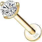 SYLWIA 14K Real Gold Lip Rings Stud, 16g Internally Thread Ashley Piercing Lip Jewelry, Simulated Diamond CZ - 2.5mm 3mm, 18g Nose Conch Helix Tragus Labret Stud for Women Men