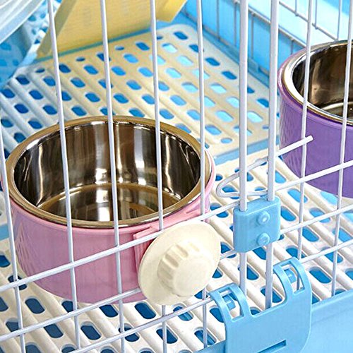 Dog Bowl Feeder Pet Puppy Food Water Bowl, 2-in-1 Plastic Bowl & Stainless Steel Bowl, Removable Hanging Cat Rabbit Bird Food Basin Dish Perfect for Crates & Cages, Pink - Thumbnail 3
