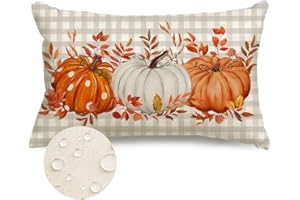 RABUSOFA Fall Outdoor Pillows 12x20 Inch Outdoor Waterproof Autumn Decorations for Home Gray Buffalo Check Polka Dot Pumpkin Thanksgiving Decor Decorative Throw Pillowcases for Couch Burnt Orange
