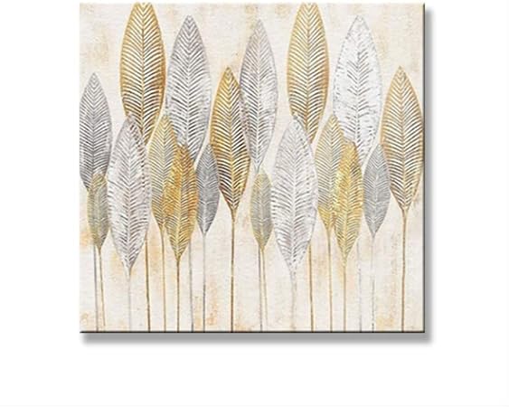 Wangjingxi Tableau Peinture A L Huile Sur Toile Feuille Doree Et Argentee Pour Salon Chambre Sans Cadre 60x60cm Amazon Fr Cuisine Maison