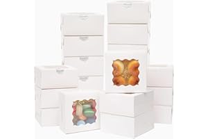 Bakepacker 60pcs White Bakery Boxes with Window 6x6x3 inches Thick & Sturdy Macaroon Pastry & Cookie Boxes