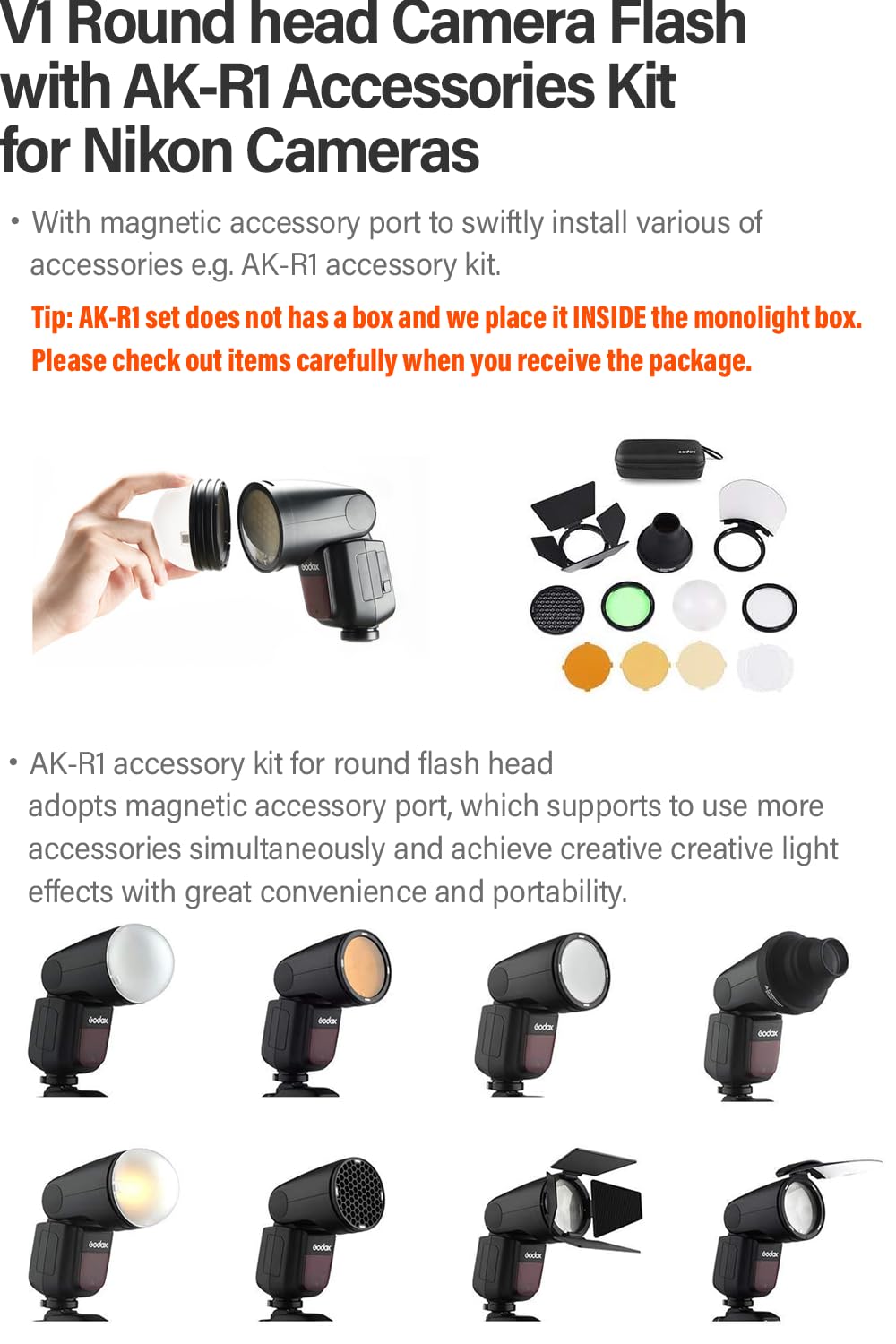 Godox V1-N I-TTL Flash Speedlite, 76Ws 2.4G High-Speed Sync 1/8000s 2600mAh Li-ion Battery Round Head Camera Speedlight with Godox AK-R1 Accessories Kit Compatible for Nikon Cameras