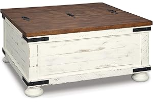 Signature Design by Ashley Wystfield Farmhouse Square Storage Coffee Table with Hinged Lift Top, Distressed White