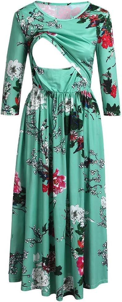 Women's Maternity Dress Pregnancy Nightwear Double Layers Nursing Dress Ladies Floral Print Summer Beach Casual Holiday Maxi Day Breastfeeding Dress