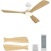 VONLUCE Wood Ceiling Fan with Lights 52 Inch, White | Remote Control, 3 Solid Wood Blades, 3CCT, Full-spectrum, 6-Speeds, Quiet Reversible DC Motor, Timer, Indoor/Outdoor Use