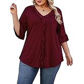 Angelips Womens Plus Size Tops Dressy Casual Blouses 3/4 Bell Sleeve V Neck Ruffle Business Summer Trendy Work Shirts 2025