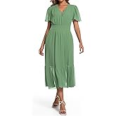 Olaesa Chiffon Dresses for Women 2026 Summer Smocked Wrap V Neck Tiered Flowy Wedding Guest Long Dress with Pockets