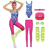 MASSWO Womens Aerobics Costume 80s Workout Outfit 90s Accessories Set Retro Jogging Suit Waist Bag Gym Yoga Running