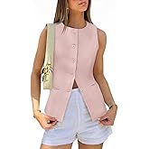 Tankaneo Womens Tweed Sleeveless Vest Crew Neck Button Down Fitted Blazer Vest Tops Work Casual Waistcoat