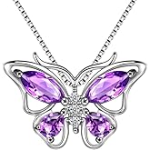 Aurora Tears Butterfly Birthstone Pendant Necklace - Women 925 Sterling Silver Butterflies Birthstone Pendant Necklace Jewelry Birthday Gift for Women
