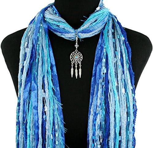 Dream Catcher Pendant Necklace Scarf ~ Blue Black or Cream ~ Detachable Pendant ~ Lightweight Fibers