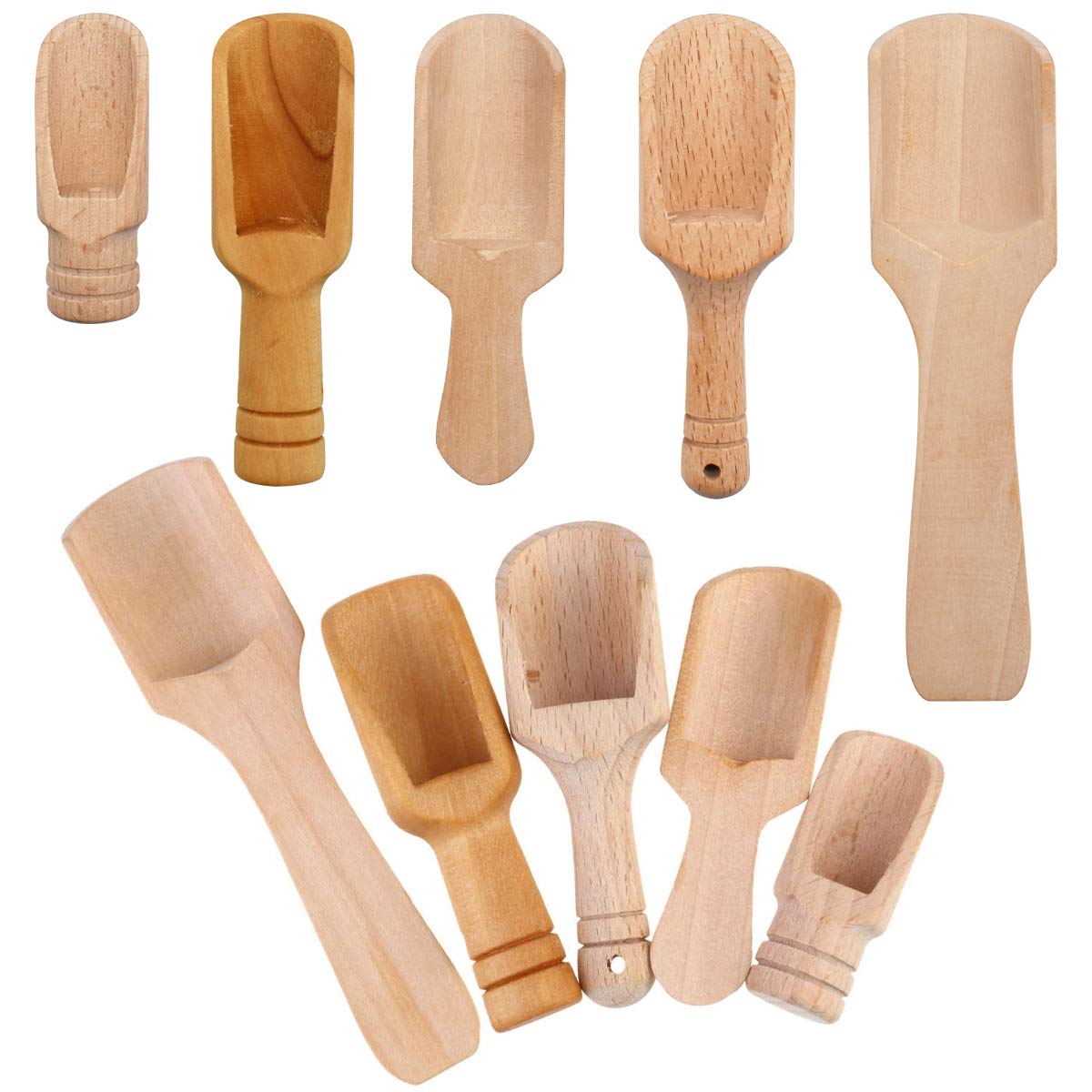 RoadLoo 10Pcs Multi-Purpose Wooden Spice Shovel - Small Salt Scoop, Flour Shovel, Teaspoon, Candy Spoon, Washing Powder Spoon - Home Kitchen Tool for Bath Salts