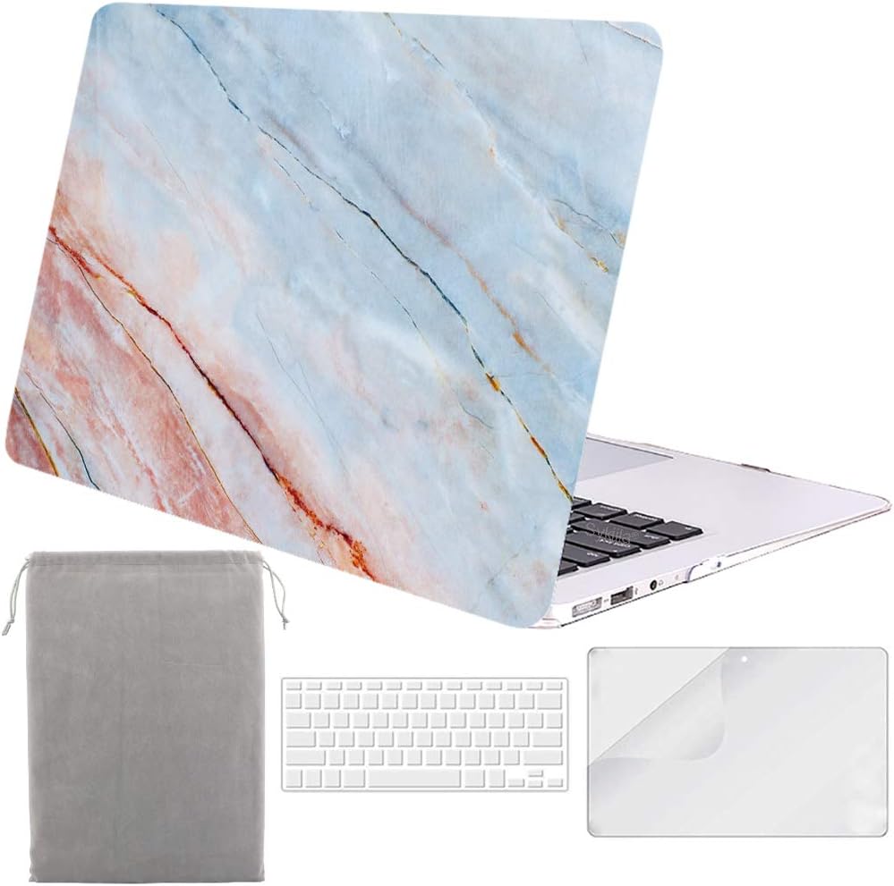 Sykiila for MacBook Air 11 Inch Case Hard Cover 4 in 1 HD Screen Protector & TPU Keyboard Cover & Sleeve Protective Folio Case for Model A1370 / A1465 - Pink Blue Marble