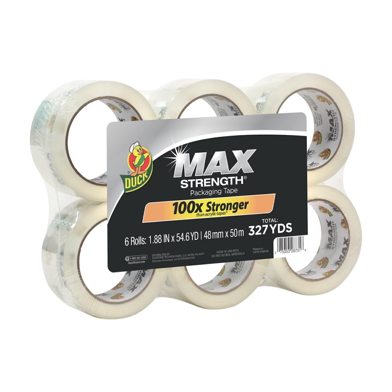 Duck Max Strength Clear Packing Tape Refills – 6 Rolls of Maximum Strength Heavy Duty Packaging Tape for Shipping & Moving, Strong Packing Tape for Boxes, 1.88 Inch x 54.6 Yards, Clear (241513)