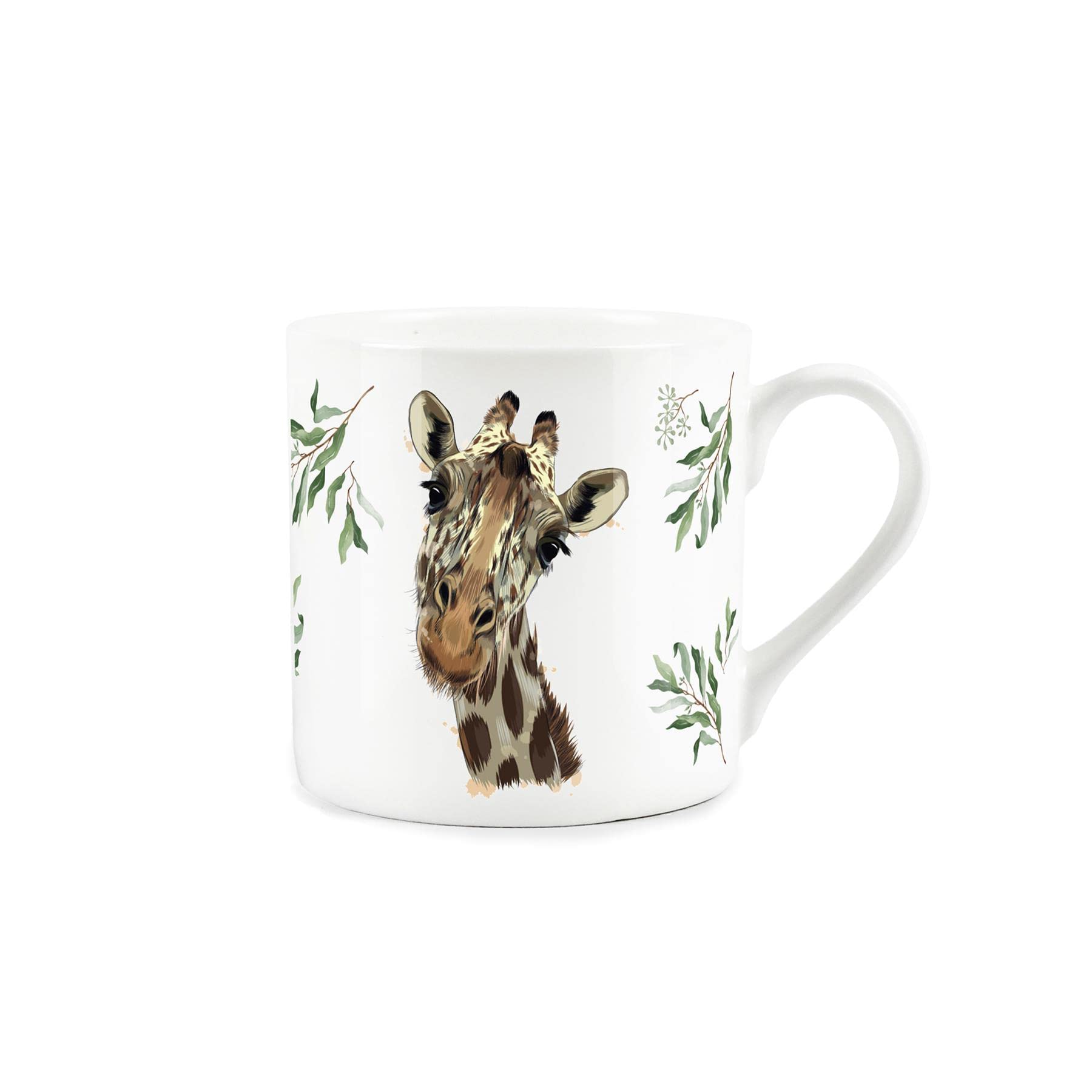 Giraffe Faces & Eucalyptus Leaves Mug - Fine Bone China White Coffee/Tea Present Gift for Animal Lovers
