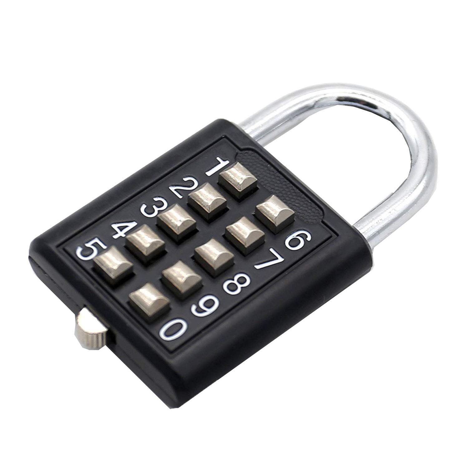 10-Digit Button Combination Padlock 5 Locking Mechanism bit Key Lock Blind Old man Fixed Gym Cabinet Door Tool Box Padlock Gym Sports School and Employee Locker Outdoor guardrail Buckle Storage Black