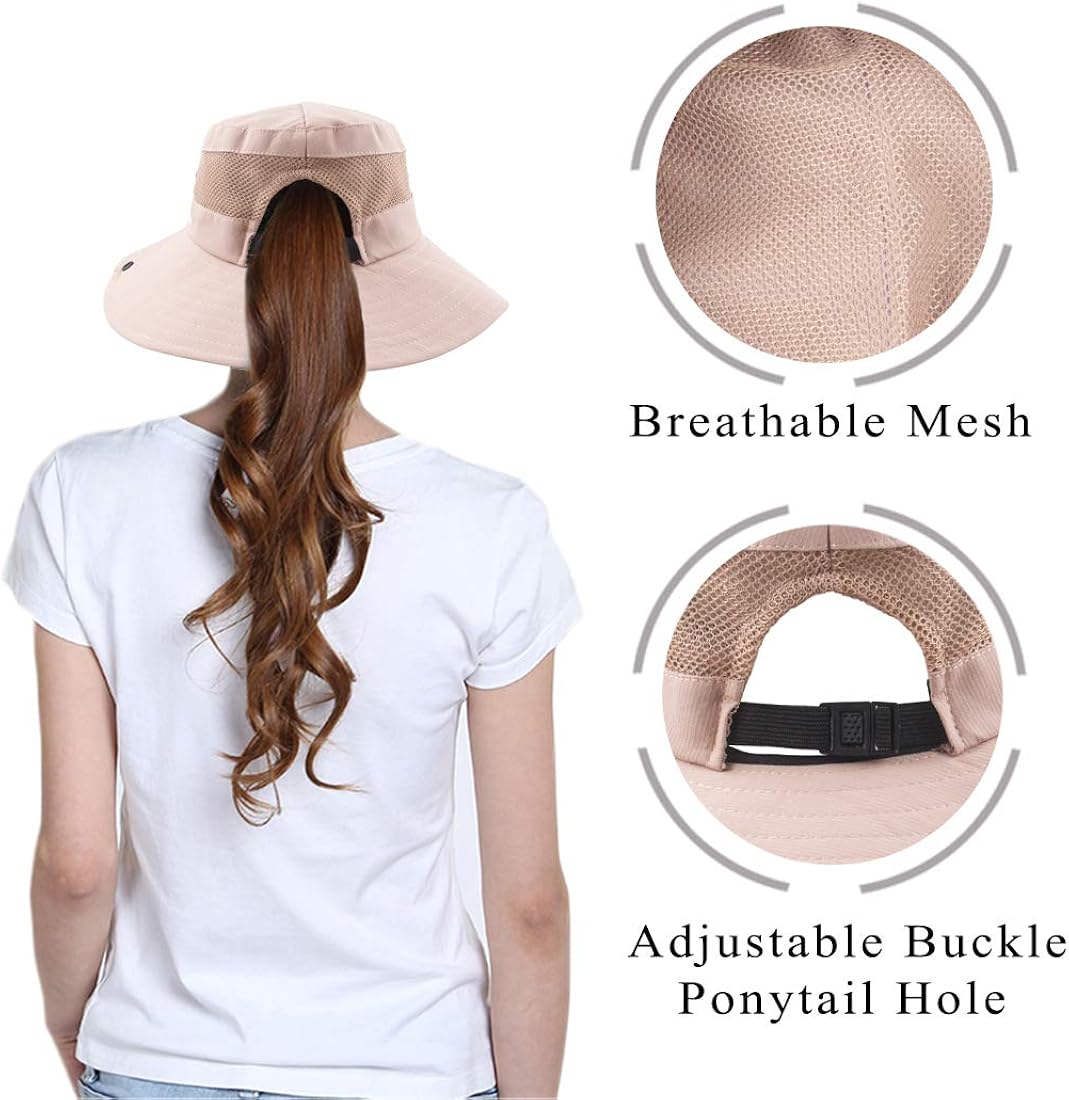 Muryobao Women Ponytail Summer Sun Hat Wide Brim UV Hats Floppy Bucket Cap for Safari Beach Fishing Gardening Pure Pink at  Women’s Clothing store
