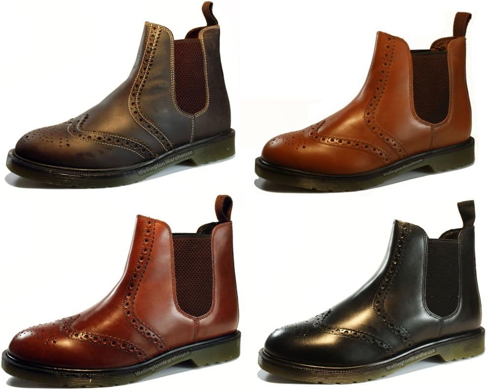 Oaktrak Belper Mens Brown or Black Brogue Leather Chelsea Dealer Boots with Air Sole