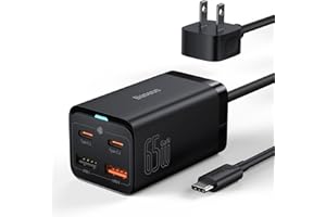 USB C Charger, Baseus 65W PD GaN3 Fast Wall Charger Block, 4-Ports [2USB-C + 2USB] Charging Station with 5ft Extension Cord for Steam Deck, MacBook Pro, iPhone 15/14/13, Samsung Galaxy, etc