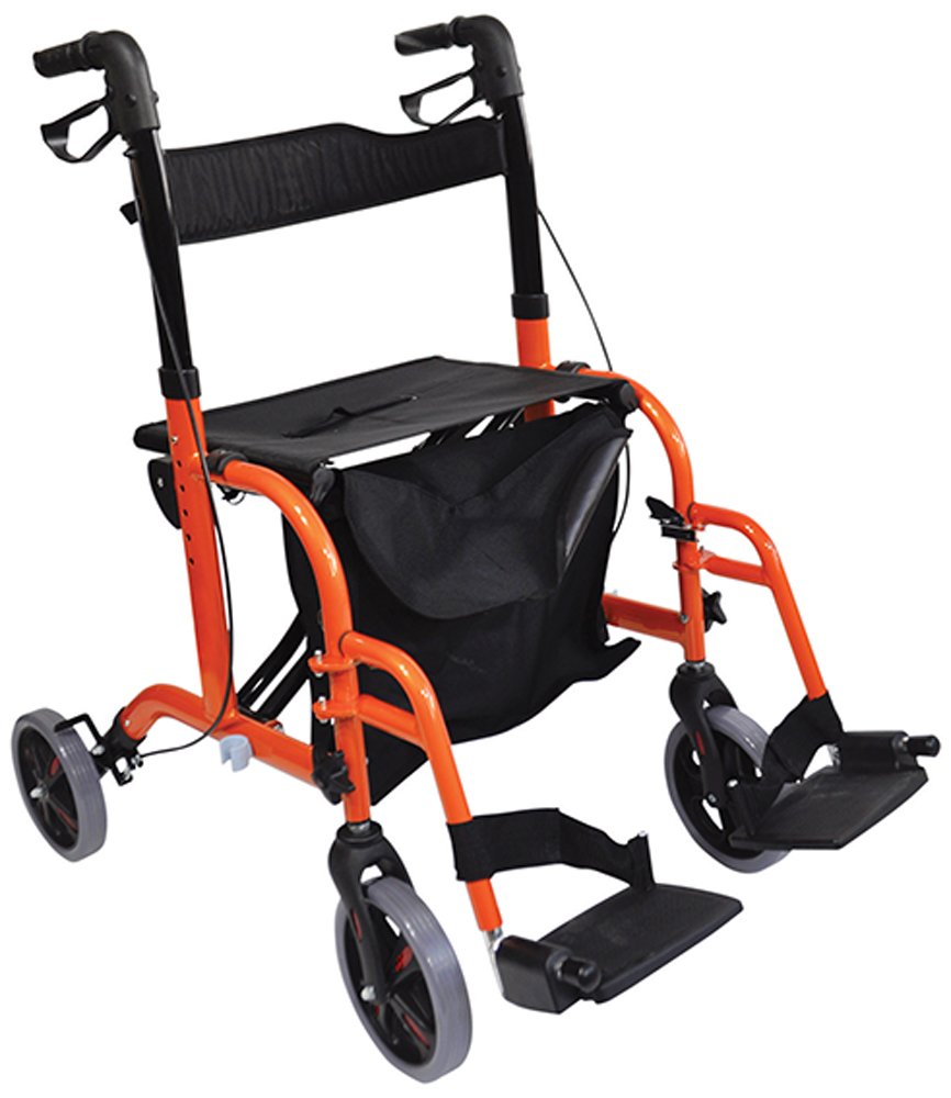 Aidapt Duo Deluxe Orange Folding Light Weight 4 Wheeled Rollator Transit Chair Mobility Aid with Seat, Foot Plates, Carry Bag, Lockable Brakes and Puncture Proof Tyres for Indoor and Outdoor use.