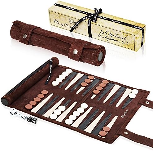 Travel Backgammon Set - Leather Roll Up Board Game - Portable 10 Inch Small Deluxe Design - With Clever Mini Storage Pouch for Checkers &amp; Dice - Gift Box w/ Ribbon + Instructions - Classy Classics