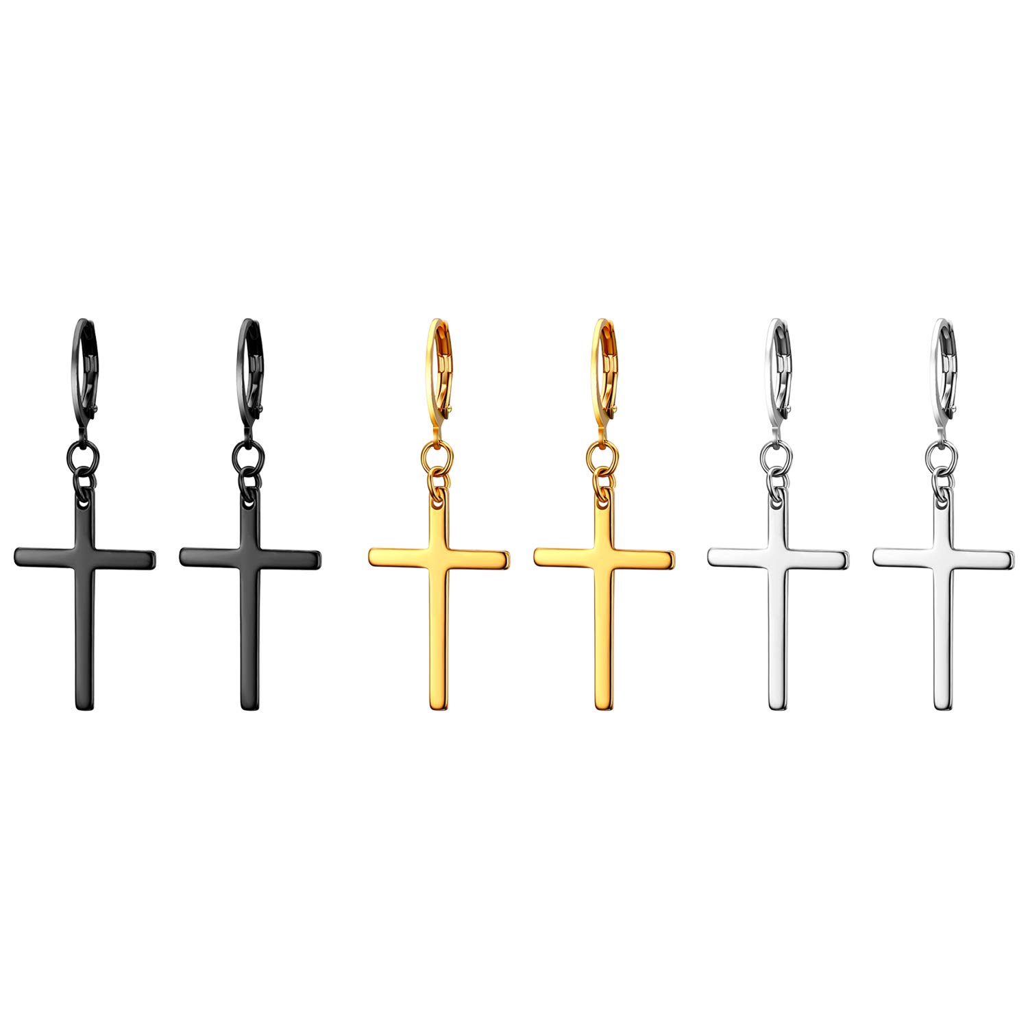 3 Pairs Stud Earrings with Cross Dangle for Men Women,Cupimatch Stainless Steel Cross Pierced Earrings Set, Screw Back (3 pairs hoop earrings)