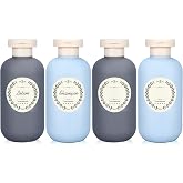 METAPACK 4Pack 6.8oz Travel Shampoo Bottles with Labels, Refillable Travel Bottles, Flip Top Squeeze Bottles, Portable Plastic Toiletry Containers for Lotion, Conditioner &amp; Body Wash(grey, blue)