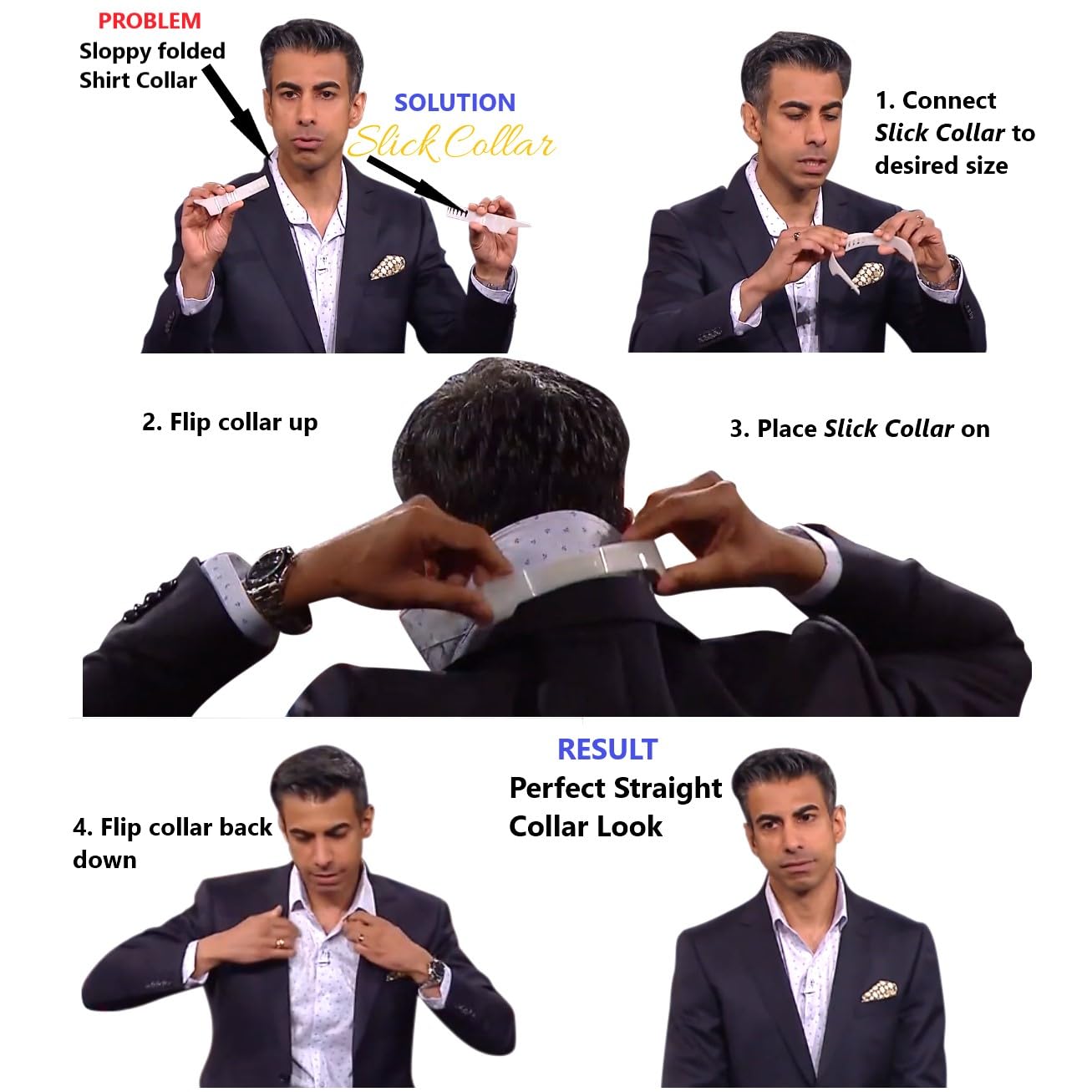 Slick Collar Shirt Collar Support System set with 3 adjustable, 10 premium Collar Stays & a Durable tin Travel EDC Box in White