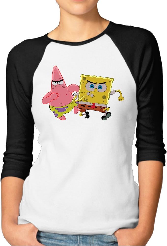 Lady's Spongebob Squarepants Cotton 3/4 Sleeve Raglan T-Shirt Red