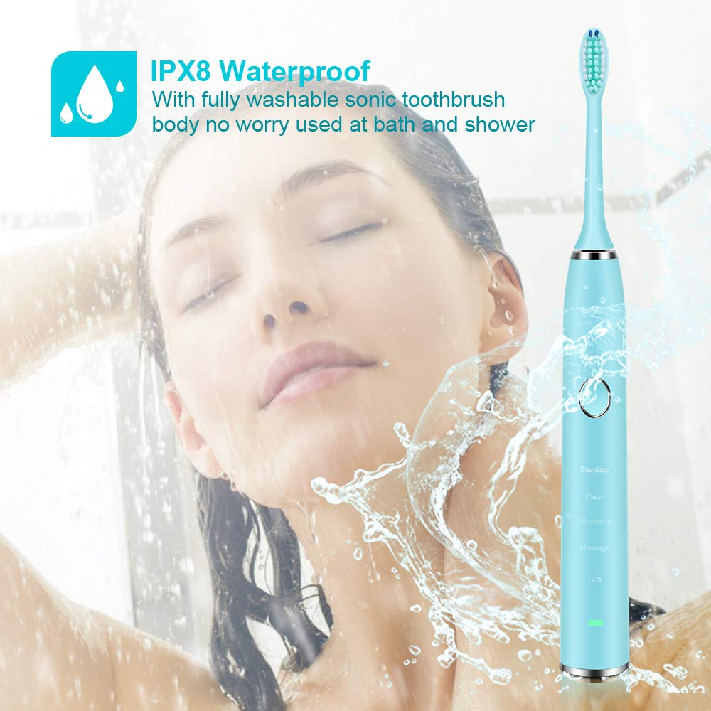 Sonic Toothbrush, IPX8 Waterproof Electric Toothbrush, Low Noise 5Modes 5 Hours Charge for 100Days Use Rechargeable Sonicare with 2 Replacement Heads for Teenager Adult