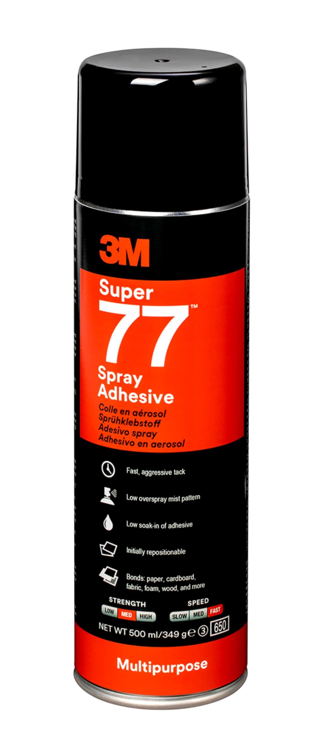 3M 7000116782 Super 77 Multi-Purpose Spray Adhesive โ Quick-drying Permanent Spray Glue Paper, Fabric, Plastic, Metal, Wood And More, Clear Adhesive, 1 X 500 ml