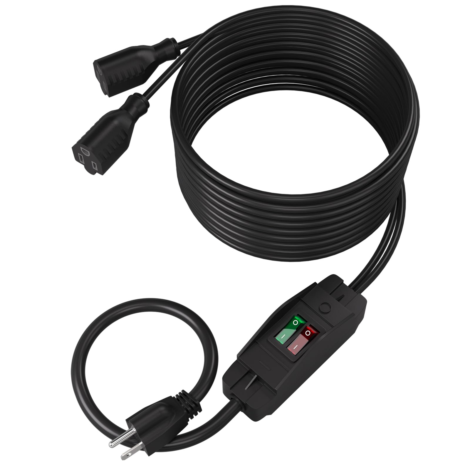 Photo 1 of Muelnmey 2-Way 3 Prong Extension Cord with Switch ON/Off, Heavy Duty Outdoor Extension Cord Splitter with One NEMA 5-15P Plug and Two NEMA 5-15R Receptacles, Black,15FT